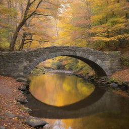 An old stone bridge arching gracefully over a serene river under the golden autumn light, surrounded by an otherworldly forest.