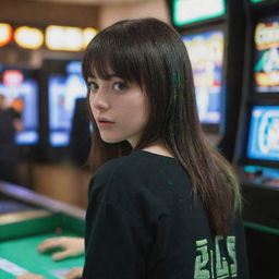 casual photograpy by kodak from the back, female , 23 year old with green eyes and black long hai with withe streaks in the bangs, ocational clothes.,freckles, playing arcade video games, medium distance shot, high detailed, 4k hd,  --styerw--v 5.2 ar 2-3