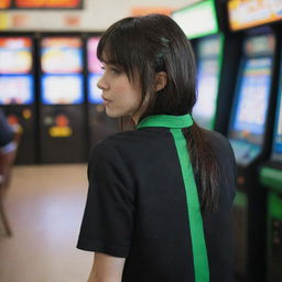 casual photograpy by kodak from the back, female , 23 year old with green eyes and black long hai with withe streaks in the bangs, ocational clothes.,freckles, playing arcade video games, medium distance shot, high detailed, 4k hd,  --styerw--v 5.2 ar 2-3