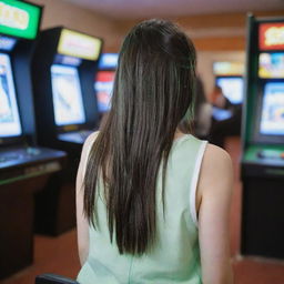 casual photograpy by kodak from the back, female , 23 year old with green eyes and black long hai with withe streaks in the bangs, ocational clothes.,freckles, playing arcade video games, medium distance shot, high detailed, 4k hd,  --styerw--v 5.2 ar 2-3