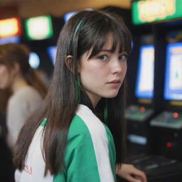 casual photograpy by kodak from the back, female , 23 year old with green eyes and black long hai with withe streaks in the bangs, ocational clothes.,freckles, playing arcade video games, medium distance shot, high detailed, 4k hd,  --styerw--v 5.2 ar 2-3