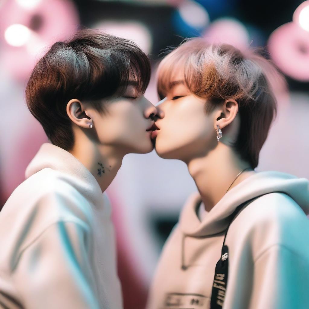 Create an image of Felix and Hyunjin from Stray Kids sharing a kiss