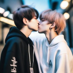 Create an image of Felix and Hyunjin from Stray Kids sharing a kiss
