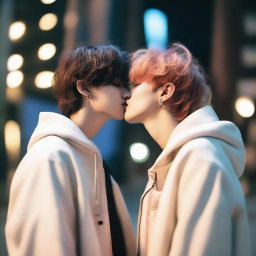 Create an image of Felix and Hyunjin from Stray Kids sharing a kiss