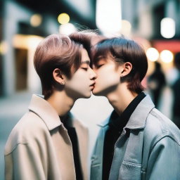 Create an image of Felix and Hyunjin from Stray Kids sharing a kiss