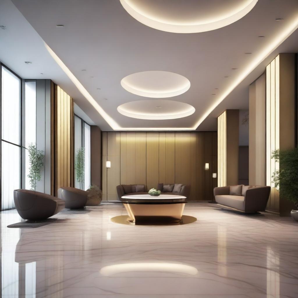 A luxurious hotel reception area with floating floors