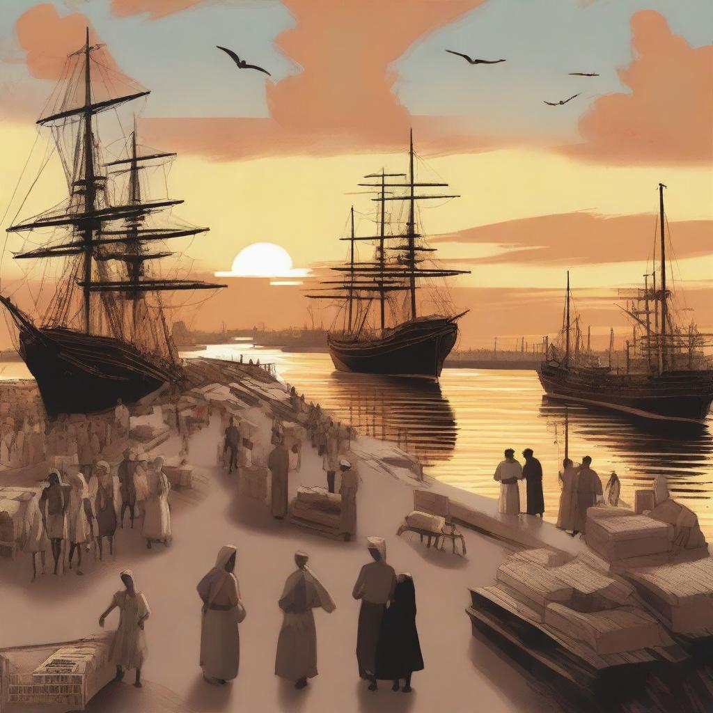 A conceptual art piece featuring a sunset over a bustling cargo port with laborers