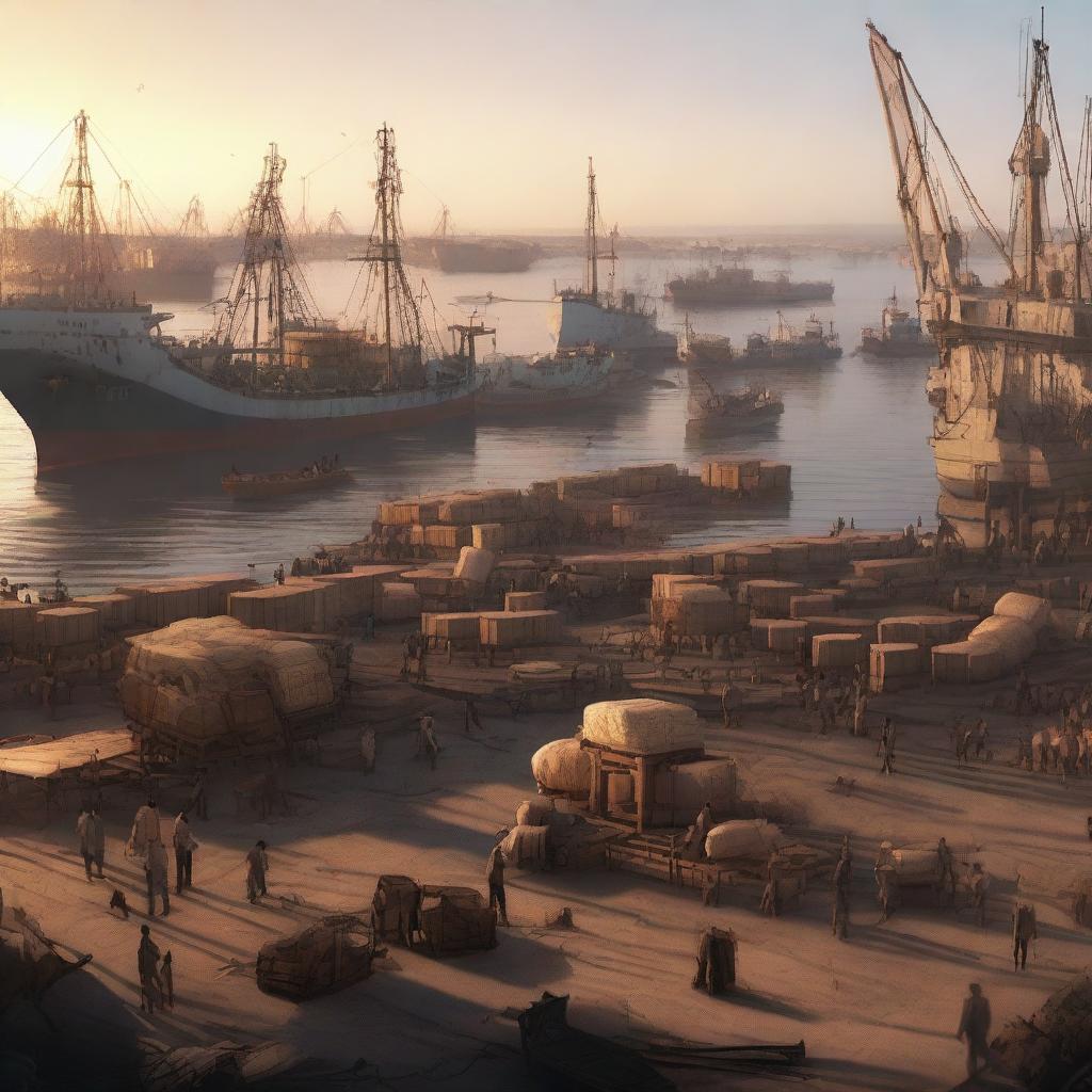 A cinematic, octane-rendered conceptual art of a bustling cargo port at sunset with laborers