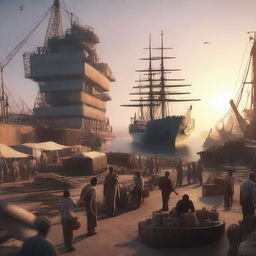 A cinematic, octane-rendered conceptual art of a bustling cargo port at sunset with laborers