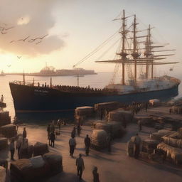 A cinematic, octane-rendered conceptual art of a bustling cargo port at sunset with laborers