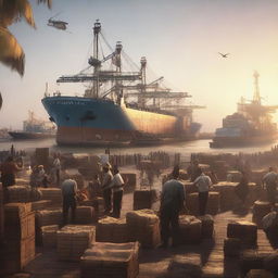 A cinematic, octane-rendered conceptual art of a bustling cargo port at sunset with laborers