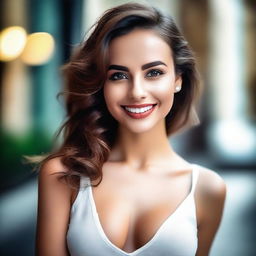 A sexy girl posing confidently, with a captivating smile and alluring eyes