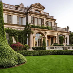 A luxurious home rich in elaborate decorations, with an elegant garden and stunning architecture.