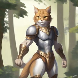 A detailed illustration of a humanoid cat with tawny fur, sandy brown hair, and golden eyes