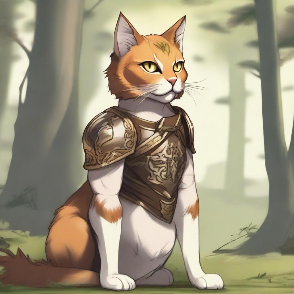 A detailed illustration of a humanoid cat with tawny fur, sandy brown hair, and golden eyes