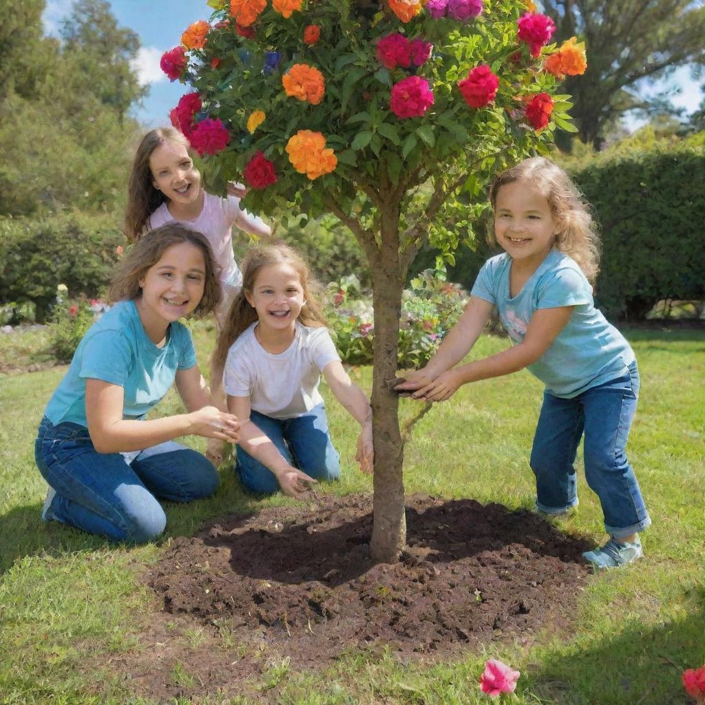 Three young girls joyfully planting a robust tree in a lush garden filled with vibrantly colored flowers and greenery under a bright, sunny sky.