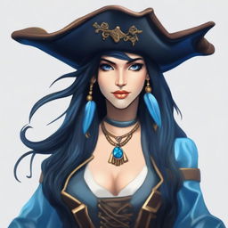 A pirate sea elf with blue skin, long black hair, and dark eyes with a piercing gaze