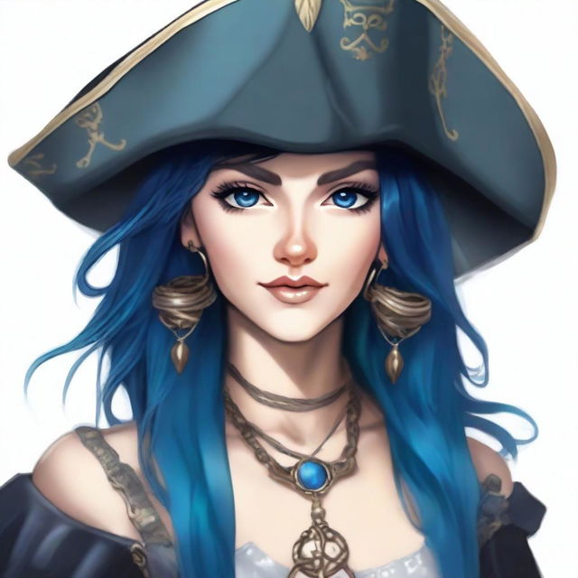 A pirate sea elf with blue skin, long black hair, and dark eyes with a piercing gaze