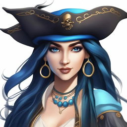 A pirate sea elf with blue skin, long black hair, and dark eyes with a piercing gaze