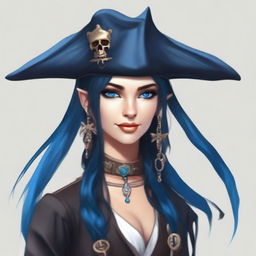 A pirate sea elf with blue skin, long black hair, and dark eyes with a piercing gaze