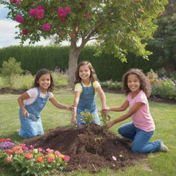 Three young girls joyfully planting a robust tree in a lush garden filled with vibrantly colored flowers and greenery under a bright, sunny sky.