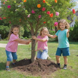 Three young girls joyfully planting a robust tree in a lush garden filled with vibrantly colored flowers and greenery under a bright, sunny sky.