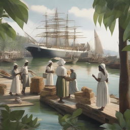 A conceptual art piece featuring a mangrove forest with a bustling cargo port and laborers