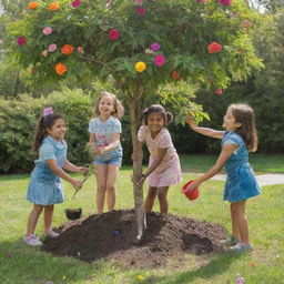 Three young girls joyfully planting a robust tree in a lush garden filled with vibrantly colored flowers and greenery under a bright, sunny sky.