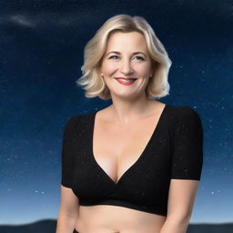 A beautiful, curvy 40-year-old woman with fair skin, short straight blonde hair, wearing a traditional black blouse