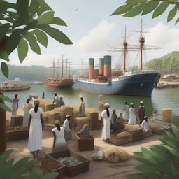 A conceptual art piece featuring a mangrove forest with a bustling cargo port and laborers