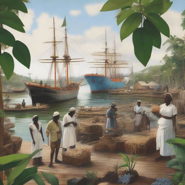 A conceptual art piece featuring a mangrove forest with a bustling cargo port and laborers