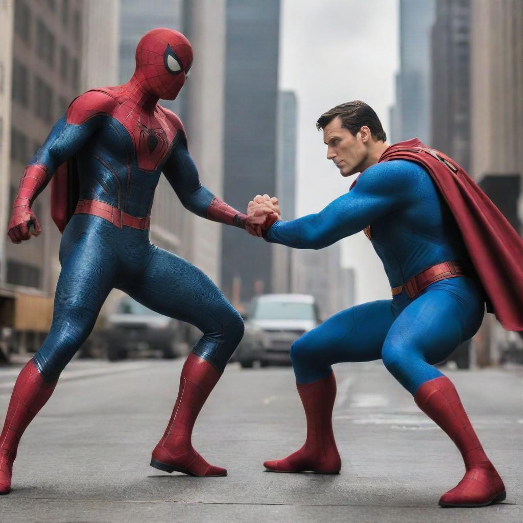 Spiderman and Superman in a dynamic action scene, facing each other ready for a friendly competition.