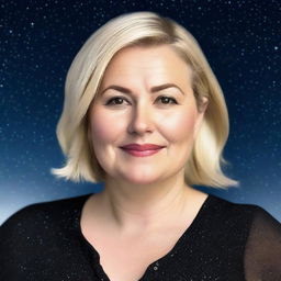 A beautiful 40-year-old woman with fair skin, curvy and slightly chubby, with short straight blonde hair