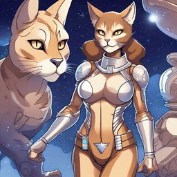 A detailed illustration of an athletic and muscular cat woman with tawny skin and fur