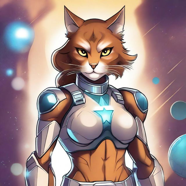 A detailed illustration of an athletic and muscular cat woman with tawny skin and fur