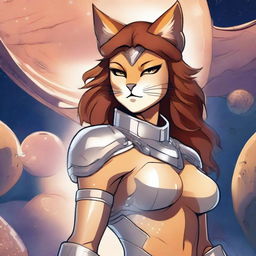 A detailed illustration of an athletic and muscular cat woman with tawny skin and fur