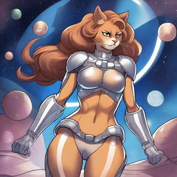 A detailed illustration of an athletic and muscular cat woman with tawny skin and fur