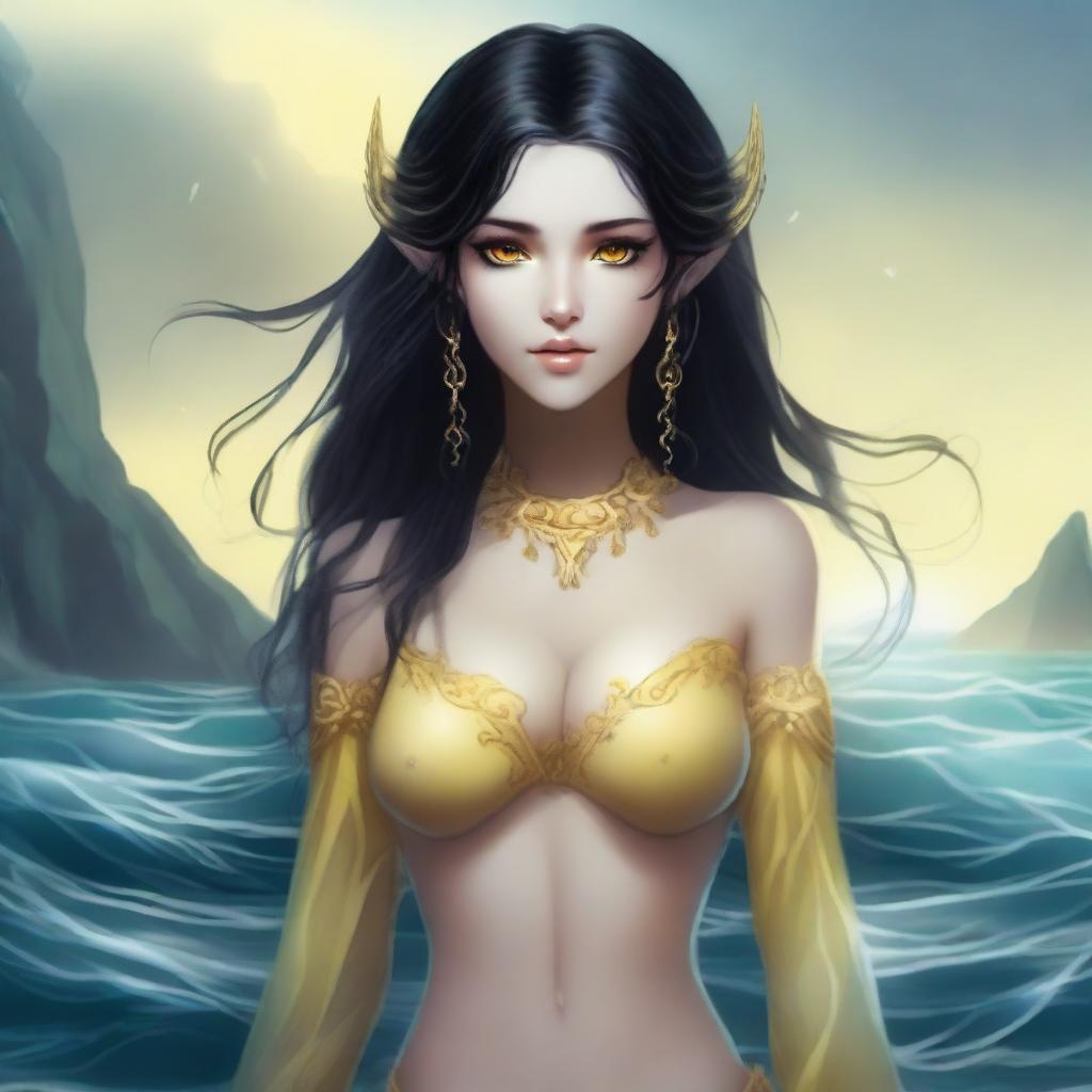 A sea elf with black hair and yellow eyes