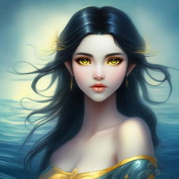 A sea elf with black hair and yellow eyes