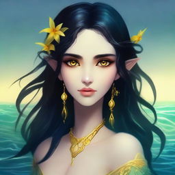 A sea elf with black hair and yellow eyes