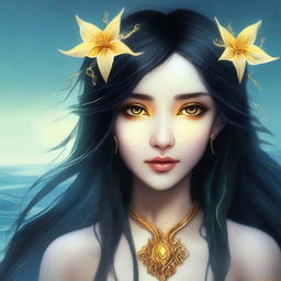 A sea elf with black hair and yellow eyes