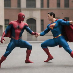 Spiderman and Superman in a dynamic action scene, facing each other ready for a friendly competition.