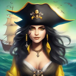 A pirate sea elf with black hair and yellow eyes