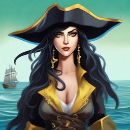 A pirate sea elf with black hair and yellow eyes