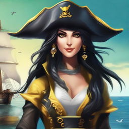 A pirate sea elf with black hair and yellow eyes