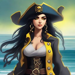 A pirate sea elf with black hair and yellow eyes