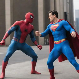 Spiderman and Superman in a dynamic action scene, facing each other ready for a friendly competition.