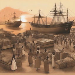 A conceptual art piece featuring bronze tones and a sunset over a bustling cargo port with laborers