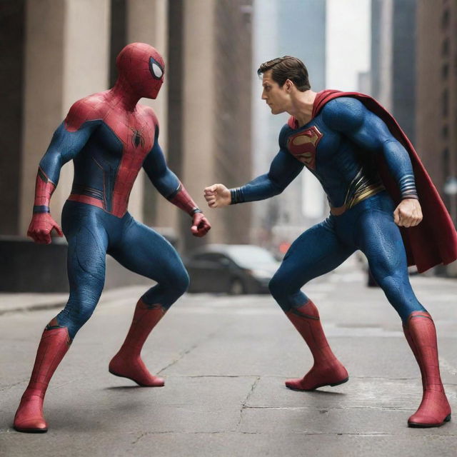 Spiderman and Superman in a dynamic action scene, facing each other ready for a friendly competition.