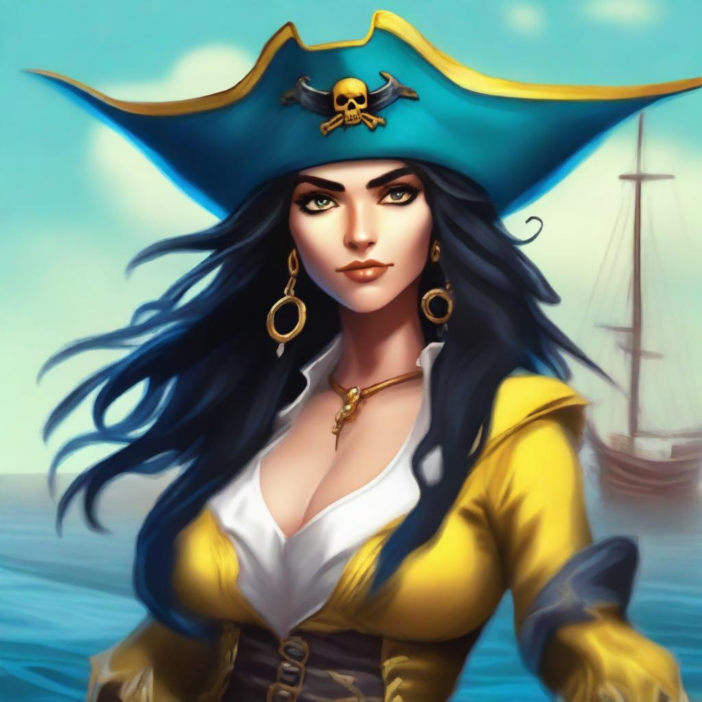 A pirate sea elf with blue skin, black hair, and yellow eyes